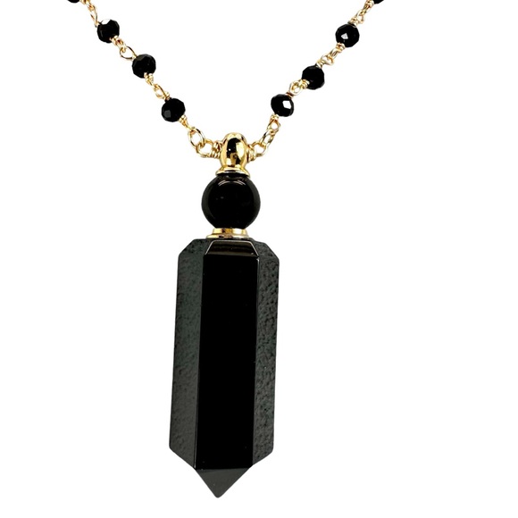 Obsidian Bottle Necklace-Rosary chain 14k Gold plate perf for essential oils! :) - Picture 2 of 4